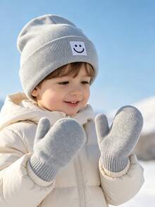 1 Set Baby Winter Knitted Hat And Gloves Set, Elastic Yarn Smile Label, Warm And Comfortable Toddler Hat And Gloves Set, Suitable For Daily Outdoor - 1set - View 7