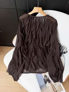 GMFP Women's Autumn Deep Coffee V-Neck Ruffle Lantern Sleeve Short Chiffon Blouse, Bohemian Style Ruffle, Daily Gathering Back To School Graduation Season Women's Outfit Piece, Halloween Christmas Top - Brown - View 4