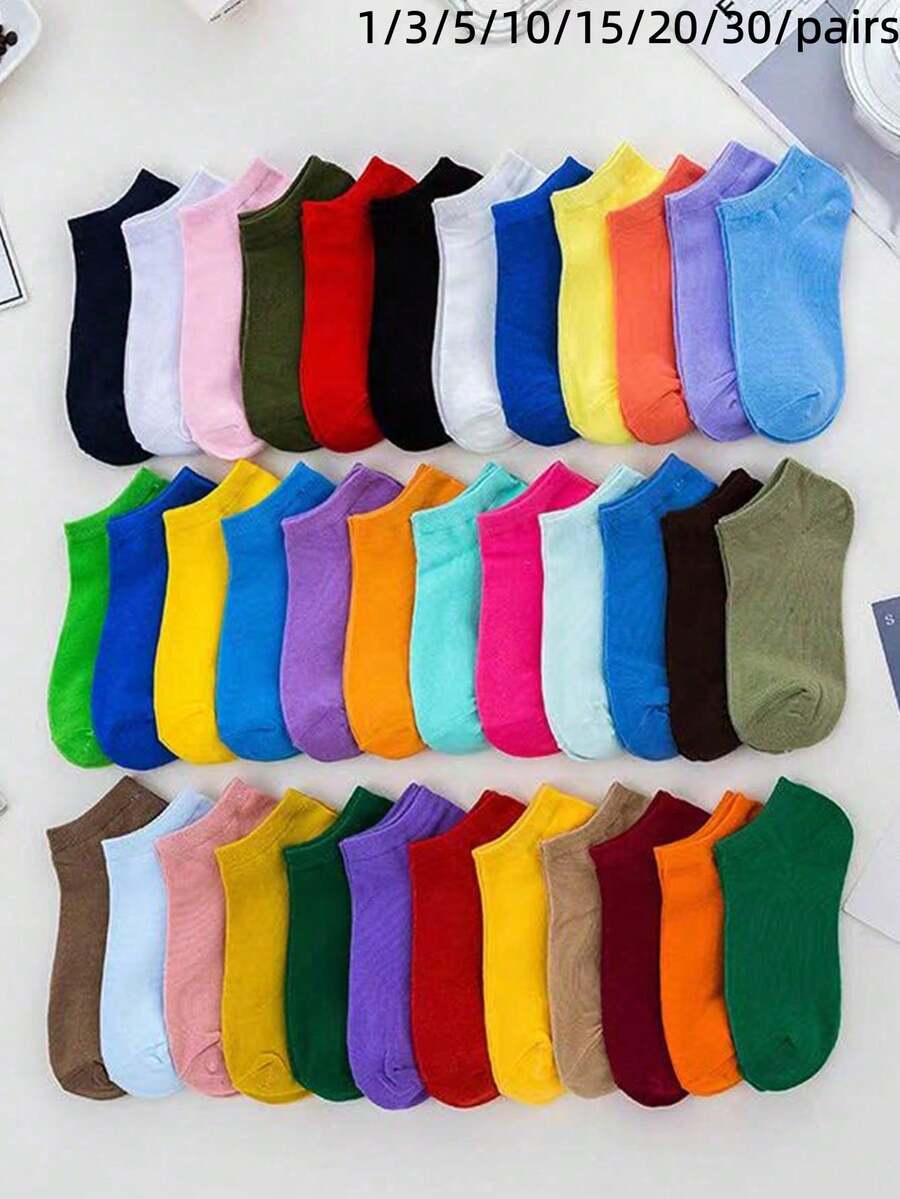 1/3/5/10/15/20/30 Pairs Women's Colorful Short Socks, Solid Color Low-Cut Socks, Casual Sports Socks, Soft Breathable Short Socks, Suitable For Daily Wear - Multicolor - View 1