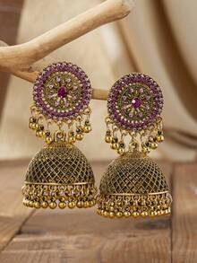 1 Pair Vintage Glamorous Fashion Rhinestone Exaggerated Design Mesh Bell Earrings Women's Versatile Jewelry - Black - View 8