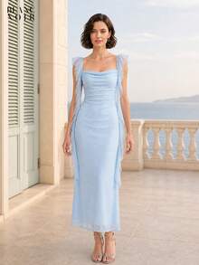 Sky Blue| Women's Elegant Sky Blue Sequin Mesh Ruffle Trim Bodycon Maxi Dress - 天藍色 - 查看 8