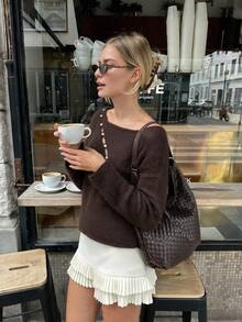 Sookaug Women's Autumn/Winter Coffee Color Off-Shoulder Asymmetric Button Knit Sweater, Versatile Elegant Elegant Long Sleeve Pullover, 2026 New Arrival, Off-Shoulder Knit Sweater, Asymmetric Button Design, Autumn Long Sleeve Regular Fit Pullover - Brown - View 1