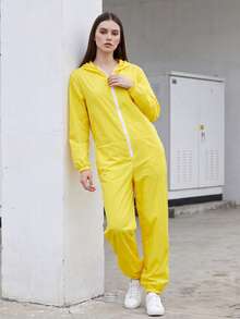 Women Windproof Jumpsuit With Hood Simple Solid Color Long Sleeve Zip-Up Pants Romper For Daily Cosplay Party - Yellow - View 3