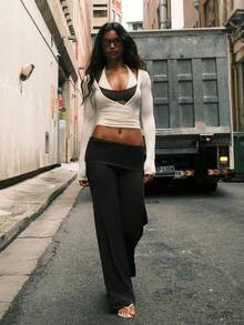 Women's Y2K Folded Waist Low-Rise Flare Pants, Elastic Soft Solid Color Bootcut Long Pants, Casual Home Streetwear Bottoms - Black - View 2