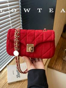 Bolso de hombro con correa de cadena y patrón de diamantes acolchados, bolso cuadrado pequeño de moda, cierre de bloqueo giratorio con cadena de metal, adecuado para niñas, mujeres, estudiantes universitarias, nuevas profesionales y trabajadores de cuello blanco, perfecto para trabajo, negocios, desplazamientos y escenarios escolares - Rojo - Ver 6