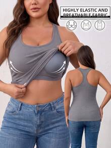 Plus Size 2-In-1 Ribbed Tank Top Built-In Molded Cup Racerback Cami For Women Fall Layering Daily - Grey - View 4