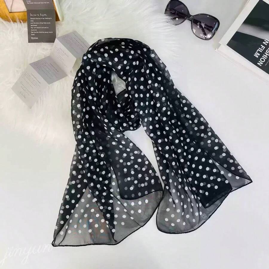 1pc Spring/Summer Casual Printed Versatile Modest Hijab Simple Soft Breathable Chiffon Hijab Scarf - #136 Black Polka Dots - View 1