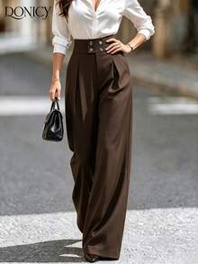DONICY Women's Summer Formal Brown Wide Leg Pants - High Waist Button Detail Trousers, For Office, Business & Professional Wear - Brown - View 1