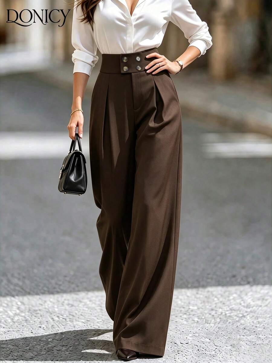 DONICY Women's Summer Formal Brown Wide Leg Pants - High Waist Button Detail Trousers, For Office, Business & Professional Wear - Brown - View 1