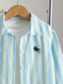 Young Boy Knight Print Shirt And Striped Long Pants Set - Baby Blue - View 3
