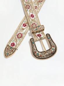 女款花卉刺繡水鑽西式腰帶，白色波希米亞復古牛仔女郎腰帶 - 白色-金色刺繡 - 查看 5