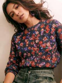 女款法式清新優雅高端時尚百搭印花長袖圓領套頭針織毛衣上衣 - 花色 - 查看 4