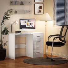 Computer Desk With Drawers, Dressing Table, High Gloss Home Office Writing Workstation, White On-Site - 1 - View 8
