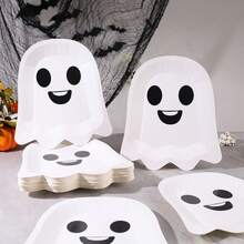 20/25/30/50/100PCS Disposable Paper Tableware Set 10 Inch Ghost Shaped Paper Plates & Napkins, Black & White Cartoon Ghost Design, Wavy Edge, Suitable For Halloween Party, Dessert Table, Family Gathering, Holiday Decoration - Multicolor - View 1