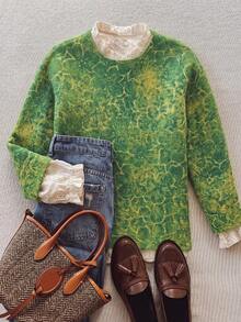 pull en tricot floral vert pour femmes, tenue d'automne, style décontracté, style basique, tenue de bureau automne - Vert - Voir 4
