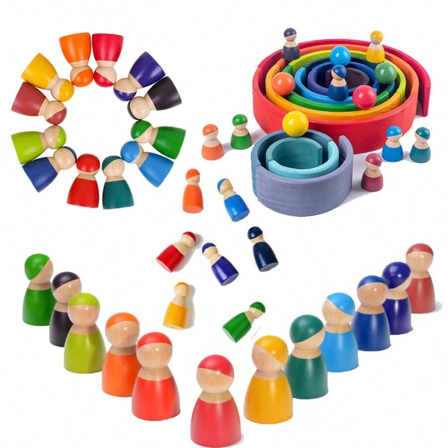 12 Colors Solid Wood Rainbow Stacking Tower Blocks, Color Matching Children's Role Play Simulation Doll Doll - Multicolor - View 1