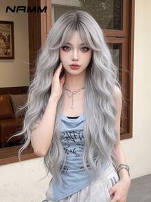 NAMM 30 Inch Light Grey Long Body Wave Wig For Women, Gorgeous Fluffy Synthetic Costume Wig WithBangs-Dark Roots Natural Synthetic Heat Resistant Fiber Hair Suitable For Fashion Girls Daily,Anime Or Costume Cosplay Decoration, Halloween - Multicolor - View 2