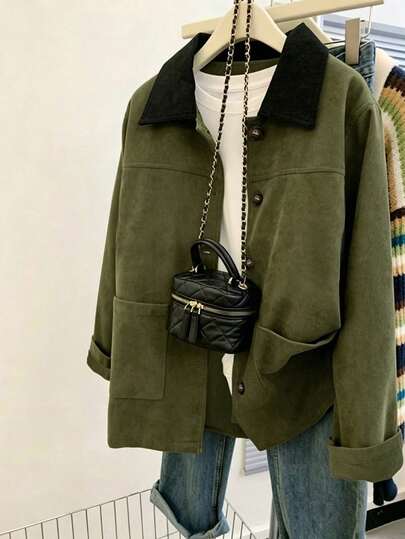 Women's Elegant Vintage College Design Contrast Color Patchwork Collar Corduroy Jacket With Pockets, Suitable For Daily Wear, Dating, Outings, Tea Parties, Street Style, Commuting, Vacation, Autumn/Winter Jacket Coat