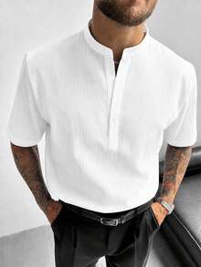GloMan Old Money Style Men's White Textured Henley Collar Half-Button Loose Short Sleeve Polo Shirt, Suitable For Summer/Autumn Business, Vacation, Commuting, Gift For Father/Husband - White - View 4