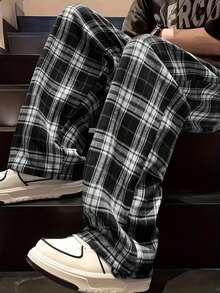 Men's Plaid Wide Leg Pants, Comfortable Fabric With Structured Fit, Large Front Pockets For Practical Storage, Natural Stacked Hem For Relaxed Vibe, Versatile For Any Shoe Style, Ideal For Couples Outings And Light Outdoor Activities - Grey - View 7