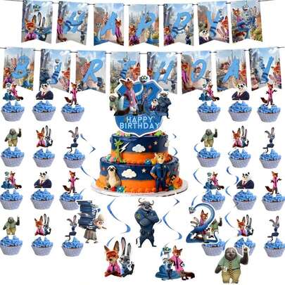 BUTTBILL Theme Cartoon Birthday Banner & Cake Topper Set, Judy Hopps Rabbit & Nick Wilde Fox Birthday Party Decorations