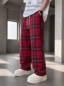GRDR SU ER Men's Summer Elastic Waist Drawstring Casual Pants, Striped Plaid Loose Drape Lazy Wide Leg Long Pants - Red - View 2