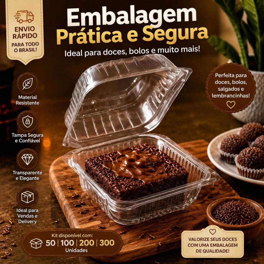 Kit 100 Embalagem 200ml Doce Bolo No Pote Brigadeiro Pote Sobremesa Quadrada Transparente