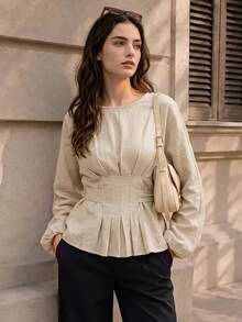 Women's Autumn Puff Long Sleeve Ruffle Blouse, Round Neck Pleated Back Tie Cinched Waist Cinched Shirt Top - Khaki - View 3