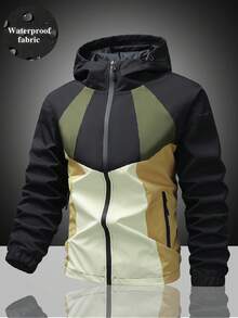 Men's Outdoor Hooded Jacket With Layered Geometric Patchwork Design, Suitable For Hiking, Short Trips, Commuting, Shopping And Casual Walks - Army Green - View 1