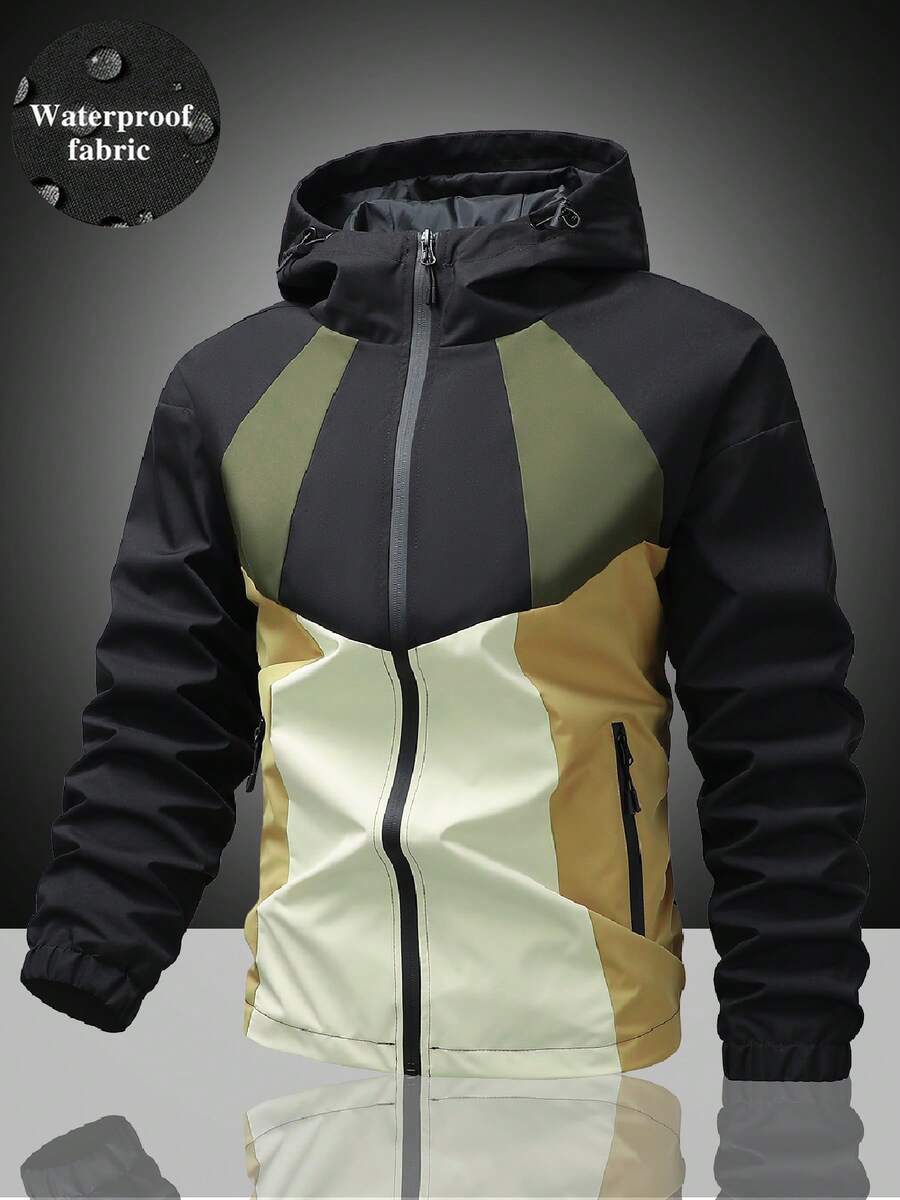 Men's Outdoor Hooded Jacket With Layered Geometric Patchwork Design, Suitable For Hiking, Short Trips, Commuting, Shopping And Casual Walks - Army Green - View 1