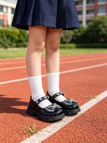Children's Black Patent Leather Mary Jane Shoes, Girls' Rhinestone Bow Heart Buckle Thick Sole School Shoes - Black - View 5