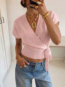 HoloChill Women's Knitted Wrap Pullover Sweater, Decorated With Knot Detail, Short Sleeve, Regular Length, High Elastic Fabric, Summer Casual 2026 New Top, Summer Top, Women's Spring Clothing, Women's Beach Outfit, Women's Outing Fall Pullover Sweater, Back To School Season, Halloween, Fall/Winter Luxury Christmas - Pink - View 2