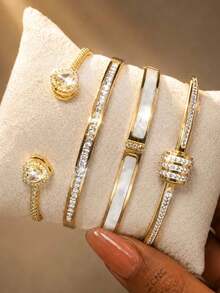 ZCNC 2026 New 304 Stainless Steel 18K Gold Plated Stackable Bracelet Set For Women, Full Rhinestone Single Row Bracelet With Clover Pattern, Hypoallergenic And Waterproof, Luxury Jewelry, Ideal Christmas And Mother's Day Gift, Holiday Party Winter Vacation Accessory, Exquisite Christmas Gift - Gold 4 - View 3
