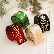 Christmas Gold Foil Letter Velvet Ribbon, Edge-Locked Woven Tape, Gift Wrapping Bow Handmade Decorative Satin Ribbon, Suitable For Gift Wrapping, Floral Decoration, Christmas Tree Decoration, Party Home Decor, Holiday Baking Packaging, Outer Packaging Binding Decoration, Etc. - Multiple Styles - View 2