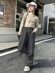 新款女童工装裤，适合大龄少女的纯色休闲长裤 - 灰色 - 查看 4