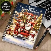 A5 Notebook Featuring A Holiday Design With Santa Claus And Reindeer, Designed With Reindeer Red Vintage Truck Winter, 25 Sheets (50 Pages) Perfect For Holiday Gifts, Notes, And Guides, Adorned With A Charming Snowy Village Motif - Rectangle - View 5