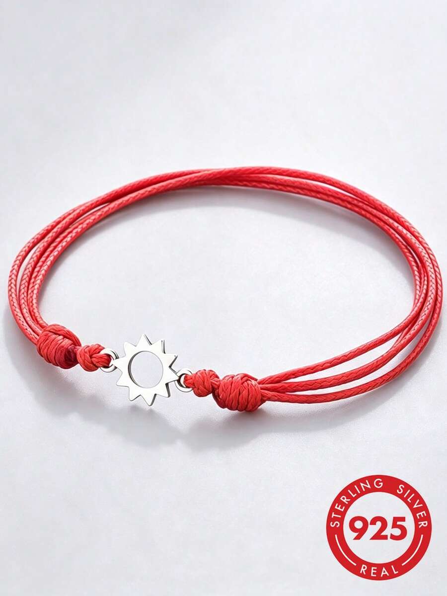 1pc S925 Sterling Silver Hollow Sun Pendant Red Adjustable Braided Cord Bracelet Minimalist Niche Couple Wish Bracelet Accessory - Silver - View 1