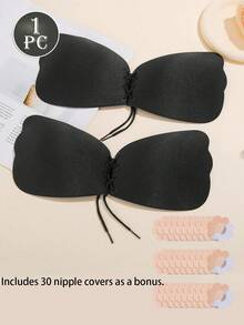 1pc Adjustable Drawstring Thickened Silicone Invisible Bra Pad, Strapless Push-Up Inner Pad, Suitable For Dress Outfit; Comes With 30pcs Nipple Covers - Black - View 12