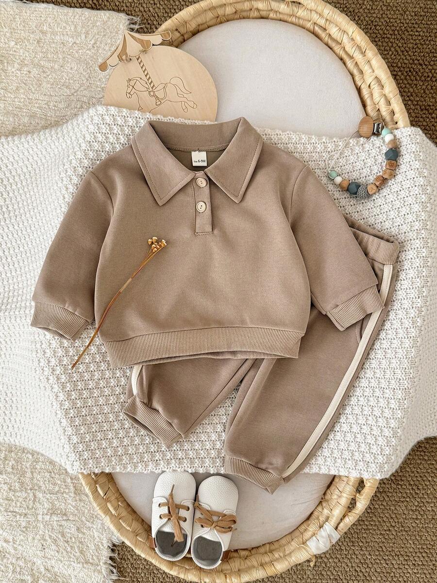 2Pcs/Set Korean Style Minimalist Baby Polo Collar Long Sleeve Sweatshirt & Side Stripe Jogger Pants Set, Unisex