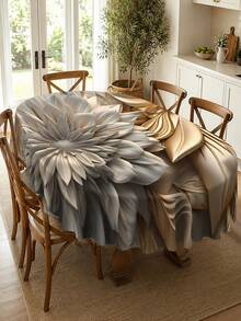 1pc Luxury 3D Floral Round Tablecloth, Beige Gray Gold Polyester Table Cloth With Oversized Flower And Layered Leaf Print, Elegant Dining Table Cover For Kitchen, Dining Room, Wedding, Party, Restaurant And Modern Home Decor - Multicolor - View 8