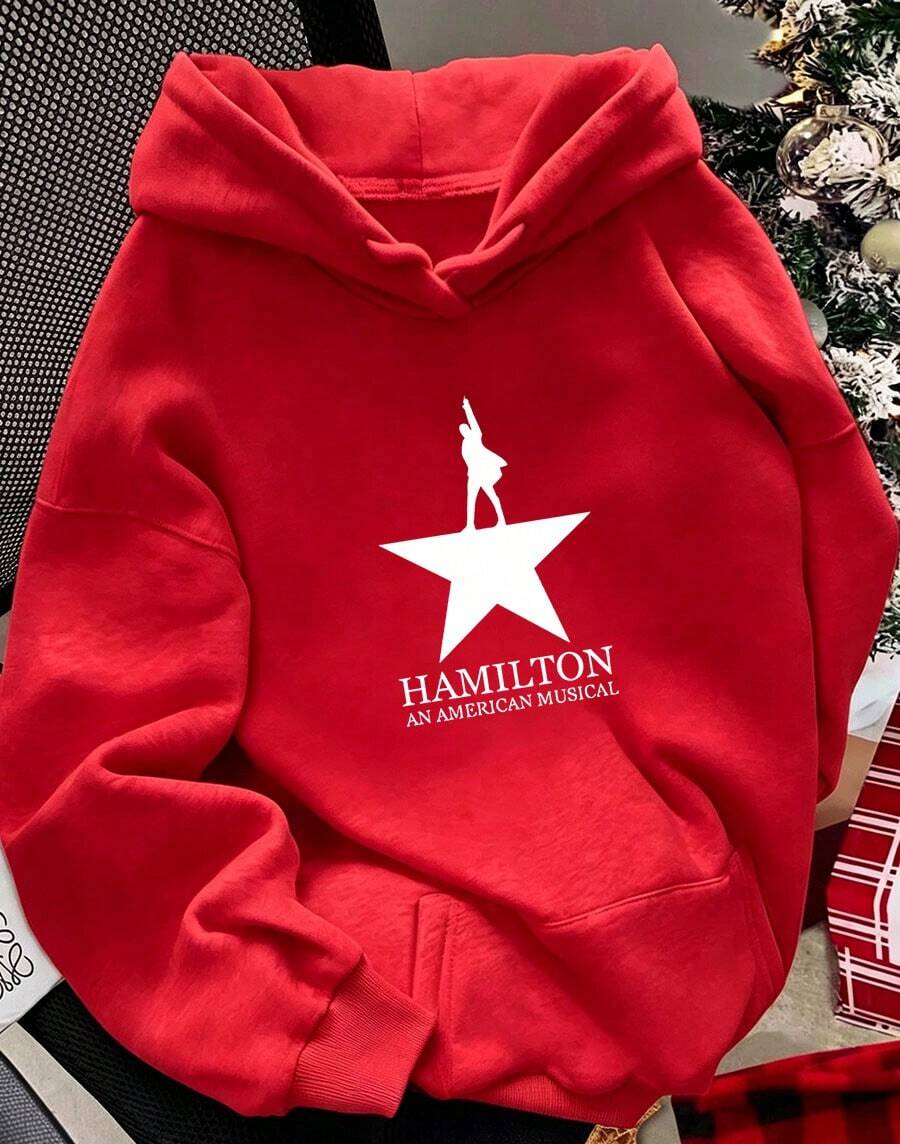 Women'S Y2K Style Hamilton Musical Inspired Hooded Sweatshirt - Official Musical Graphic Print, Cozy Fleece Pullover With Star & Hamilton Lettering - 紅色 - 查看 1