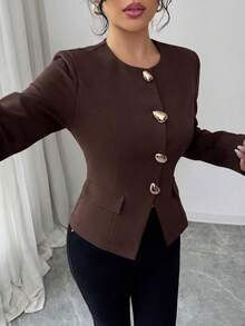 女款時尚長袖梭織面料圓領外套，標準長度，獨特鈕扣裝飾，打造時尚造型 - 咖啡棕 - 查看 2