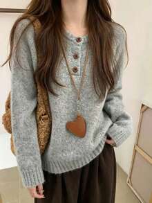 Women's Cozy Knit Sweater, Popular Daily Basic Style, Ribbed Cuffs Fuzzy Knit Top Fall - Grey - View 4