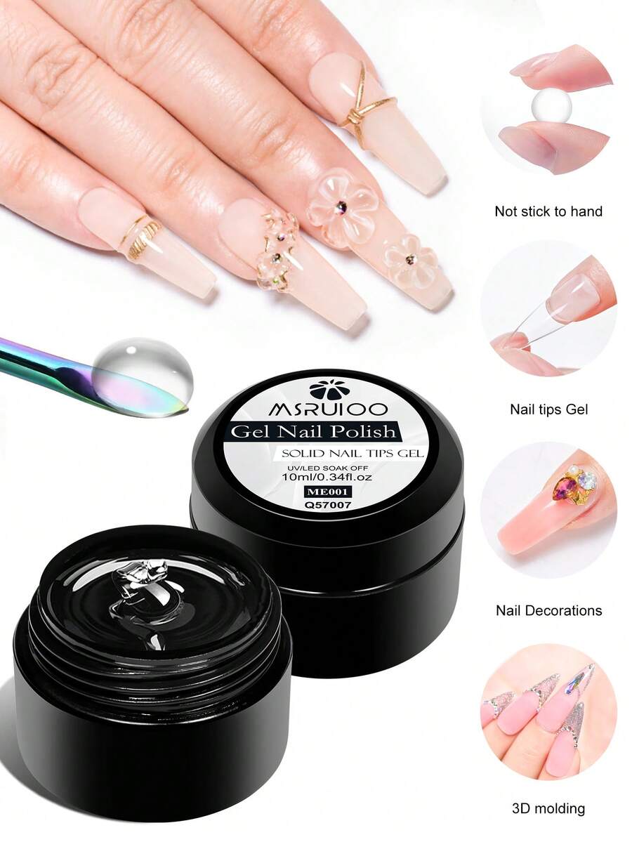 MSRUIOO 1/2pcs 10ml Solid Nail Tips Gel--Long Lasting Solid Hard Gel, No Sticky Hands, UV LED Curing, Nail Salon & Home Use, Clear Acrylic Solid Nail Tips Gel Nail Polish For Press On Nails, False Tips, Extensions - Strong Bonding, Easy Application