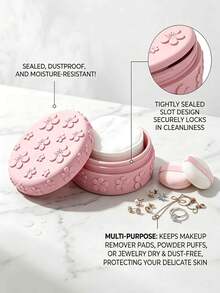 1pc Embossed Cherry Blossom Makeup Pad Storage Box With Lid, Dust-Proof Makeup Storage Jar, Moisture-Proof, Suitable For Makeup Pad, Makeup Sponges, Powder Puffs, Rings, Earrings, Necklaces And Other Small Items, Girly Style Makeup Storage Box - Multicolor - View 8