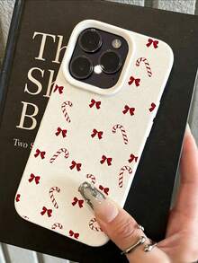 1pc Christmas Element Fashion Candy Cane & Bow Pattern Printed Full Coverage Phone Case, Compatible With IPhone 18/18Pro/18Promax/17/17Pro/17Promax/16Promax/16/16PRO/15/14/13P/12/11 And Other Models, Anti-Drop Minimalist Creative High-Quality TPU Protective Cover, Holiday Gift, Suitable For Various Occasions - Beige - View 3