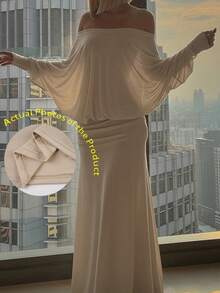 Elegant Solid Color Off-Shoulder Long Sleeve Dress, Women's Casual Long Party Dress, Fashionable Sexy Dress For Autumn Spring - Khaki - View 1