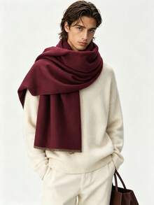 Low-Key Premium Solid Color Men's Long Fur Scarf, Thick Soft Fabric, Intellectual Style Daily Wear Warm Neck Warmer, Oversized Wide Shawl - Burgundy - View 6