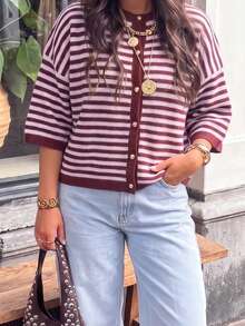 MORI Fall Winter Women Cardigans Y2K Cozy Wine Red Striped Elbow Sleeve Crewneck Loose Knit Sweater Cardigan Button Down Tops Fall Fashion Outfits - Red and Pink - View 5