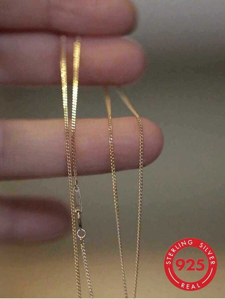 1pc Women's S925 Pure Silver Gold Plated Side Chain Necklace, Fashionable Minimalist Design, Suitable For Daily Wear, Can Be Paired With Pendants And Layered With Other Necklaces